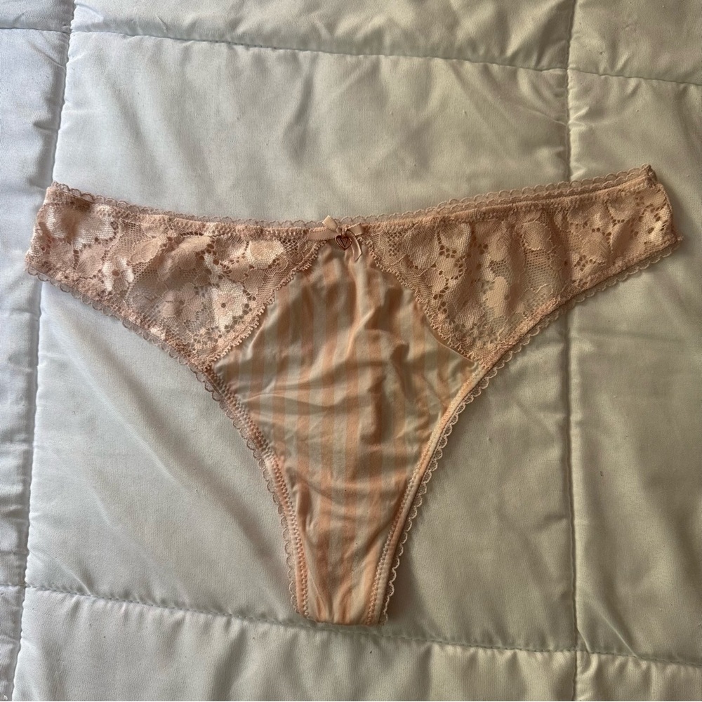 Pink And White Striped Thong Lace Victoria Secret Underwear Size Medium